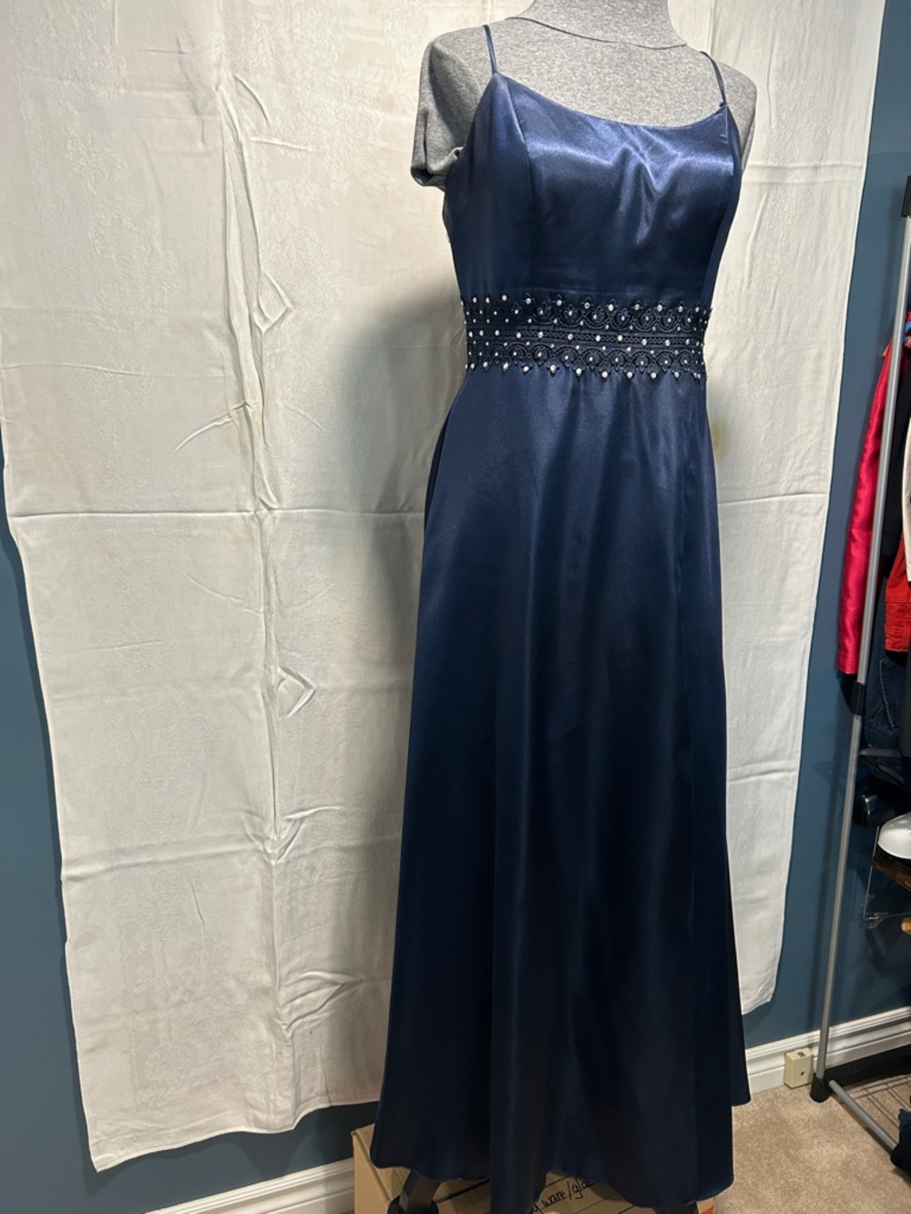 David's Bridal Navy Satin Spaghetti Strap Maxi Dress with Beaded Waist